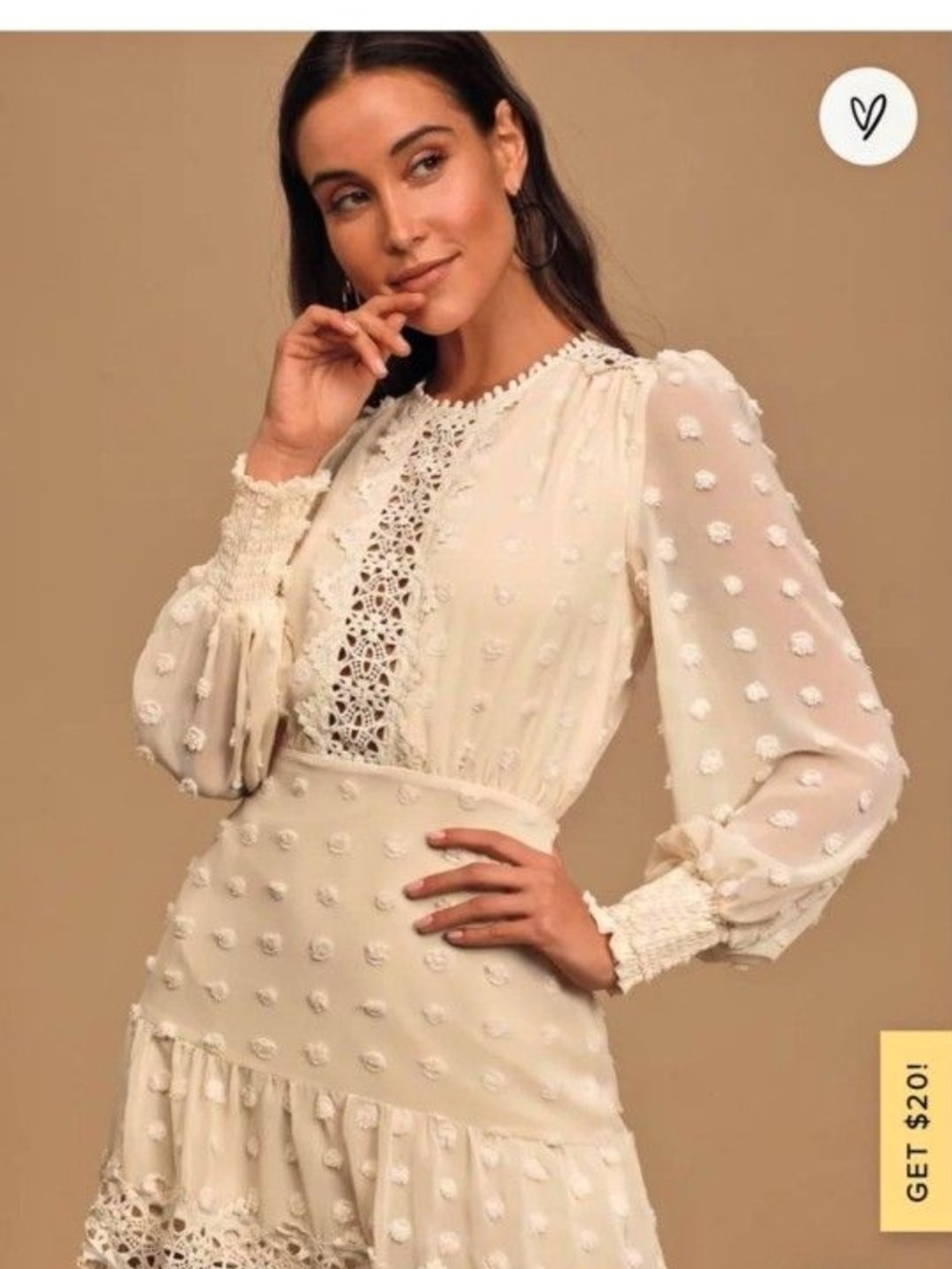 Lulu's Cream Swiss Dot Lace-Trim Long Sleeve Dress